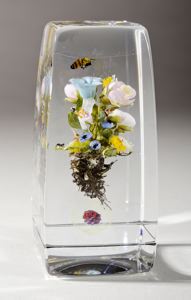 Native flowers, insects, and floating orb with seeds