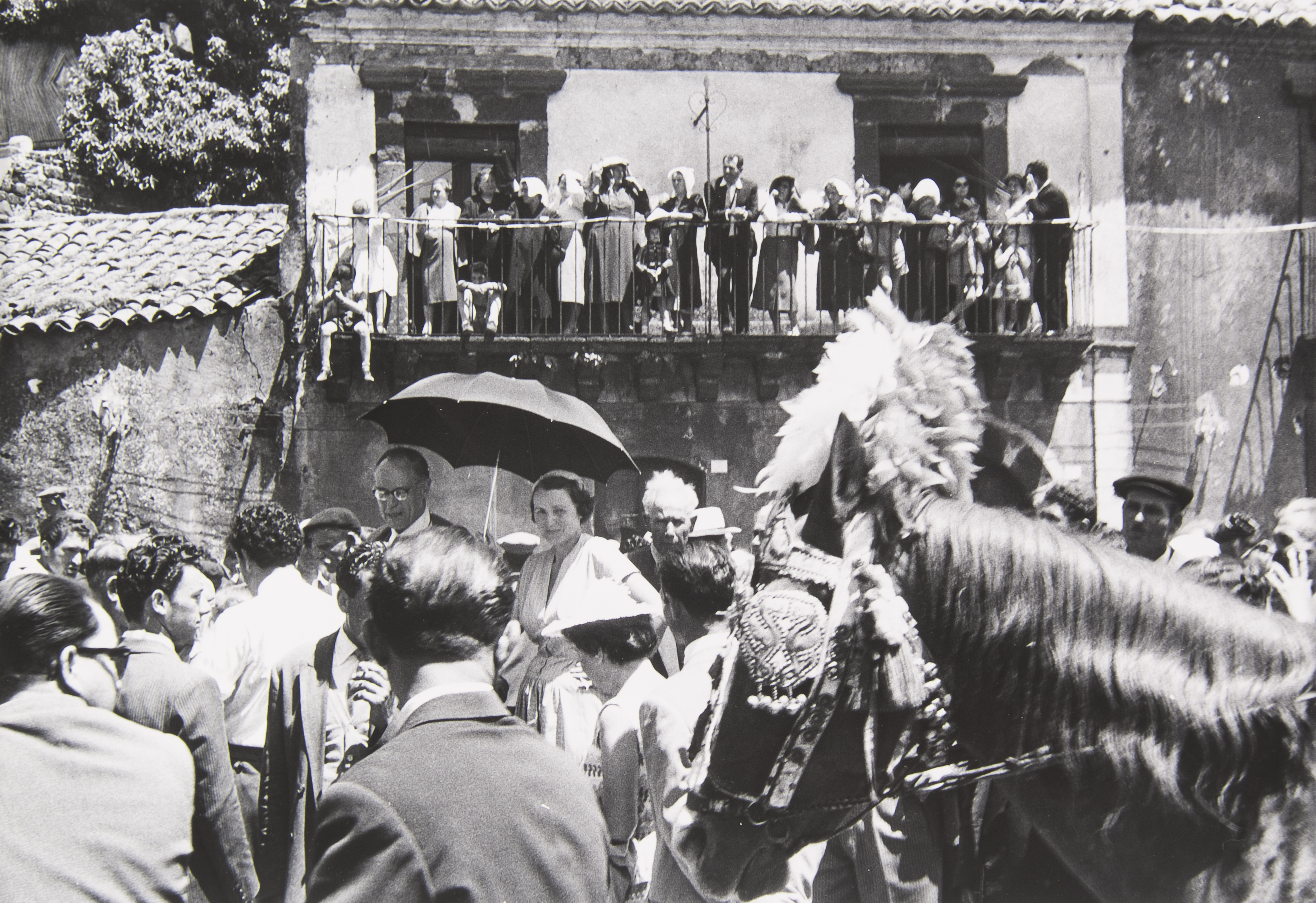 Group on balcony overlooking crowd of people, horse with feathers