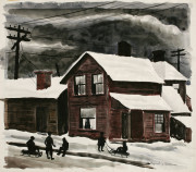 Untitled [Children sled riding in street]