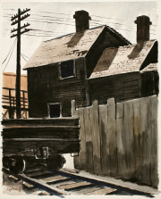 Untitled [Flatcar, fence and clapboard house]