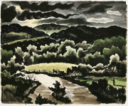 Untitled [Black and green landscape with horses and farmer]