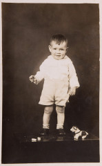 Untitled [Baby standing with toy dog]