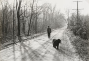 Composer Gian Carlo Menotti walking his dog, Mount Kisco, NY