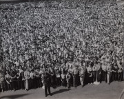 Police officer standing in front of crowd